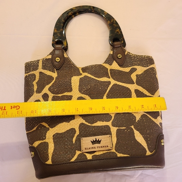 Elaine Turner Safari Giraffe Print Raffia Faux Turquoise Double Handled Handbag - Picture 8 of 9